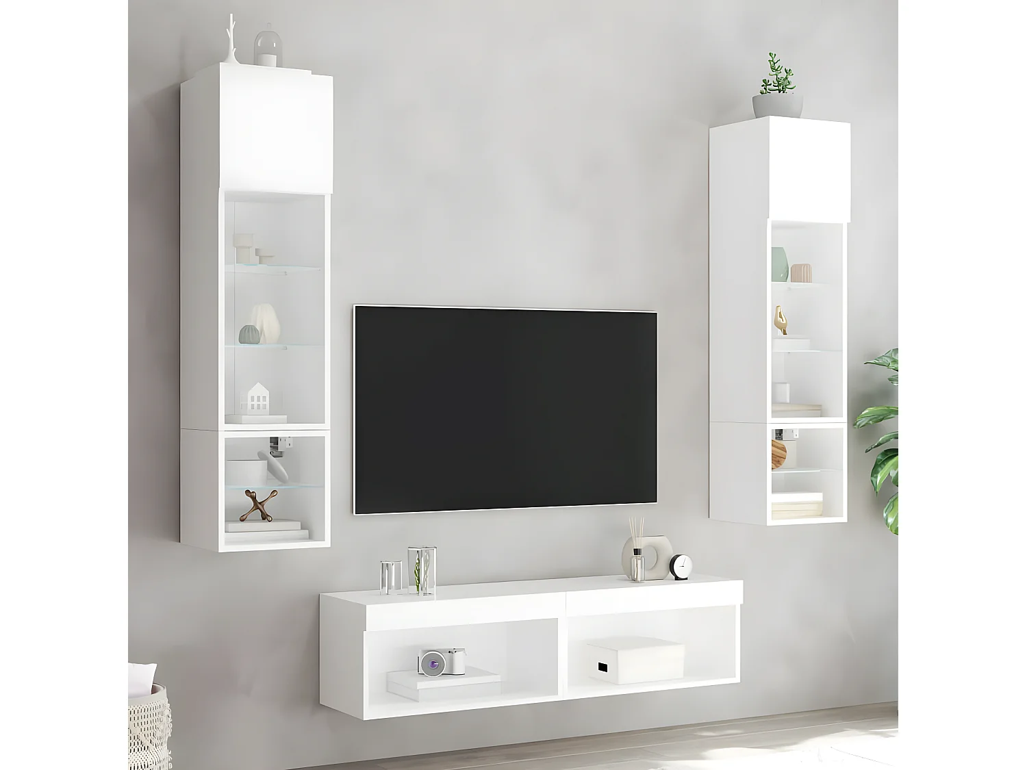 6-delige Tv-wandmeubelset met LED-verlichting bewerkt hout wit NL159763