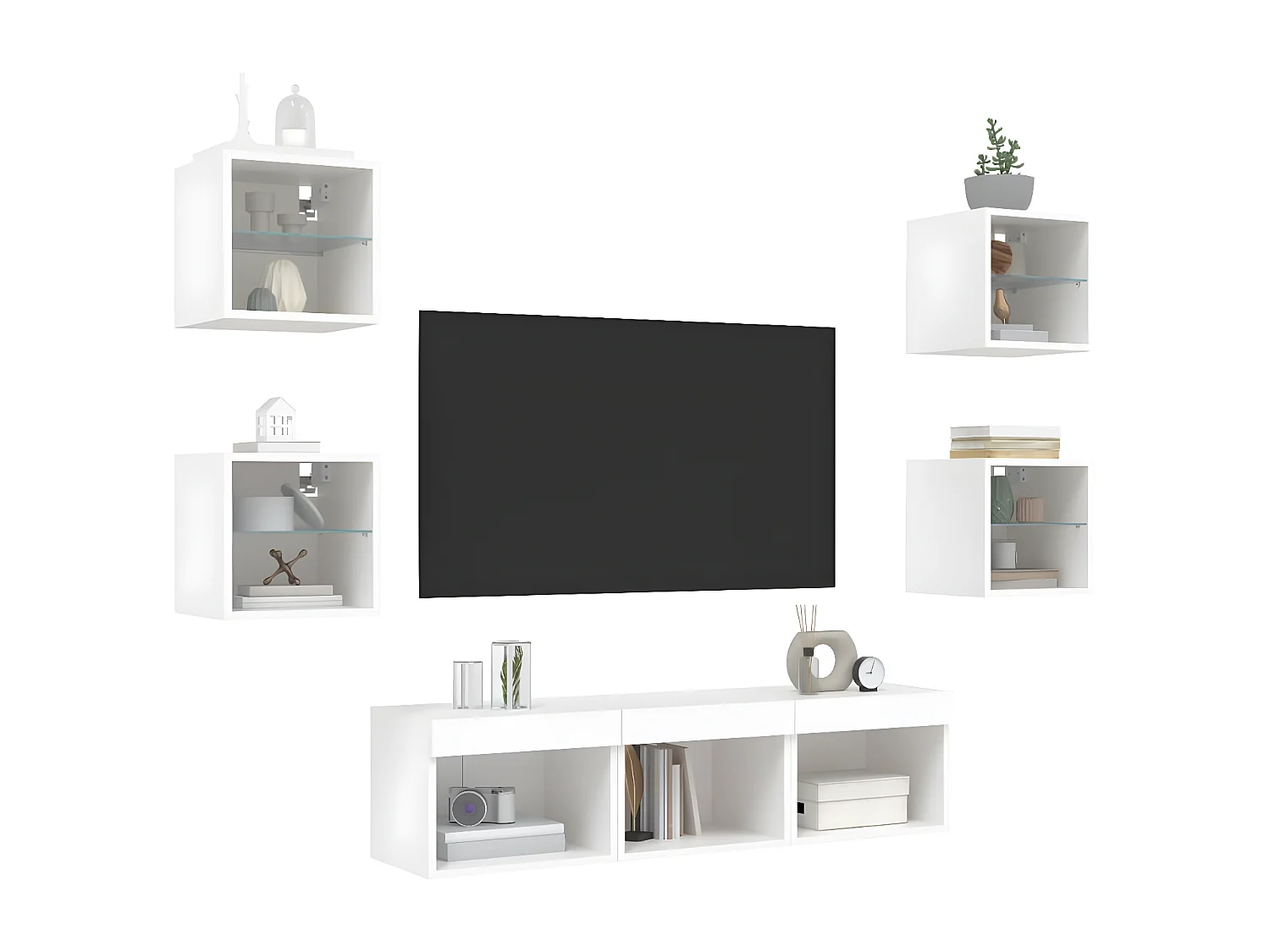 7-delige Tv-wandmeubelset met LED-verlichting bewerkt hout wit NL121921