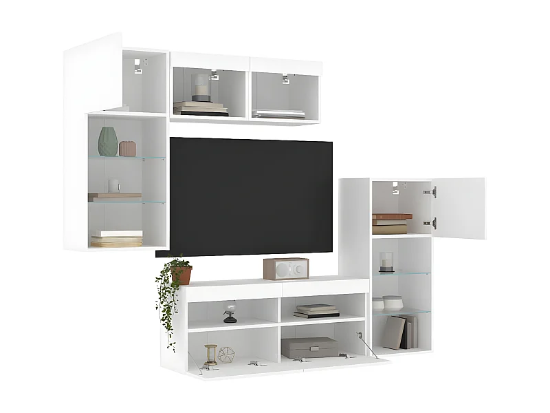 5pcs móveis de parede p/ TV c/ LEDs derivados de madeira branco PT934661