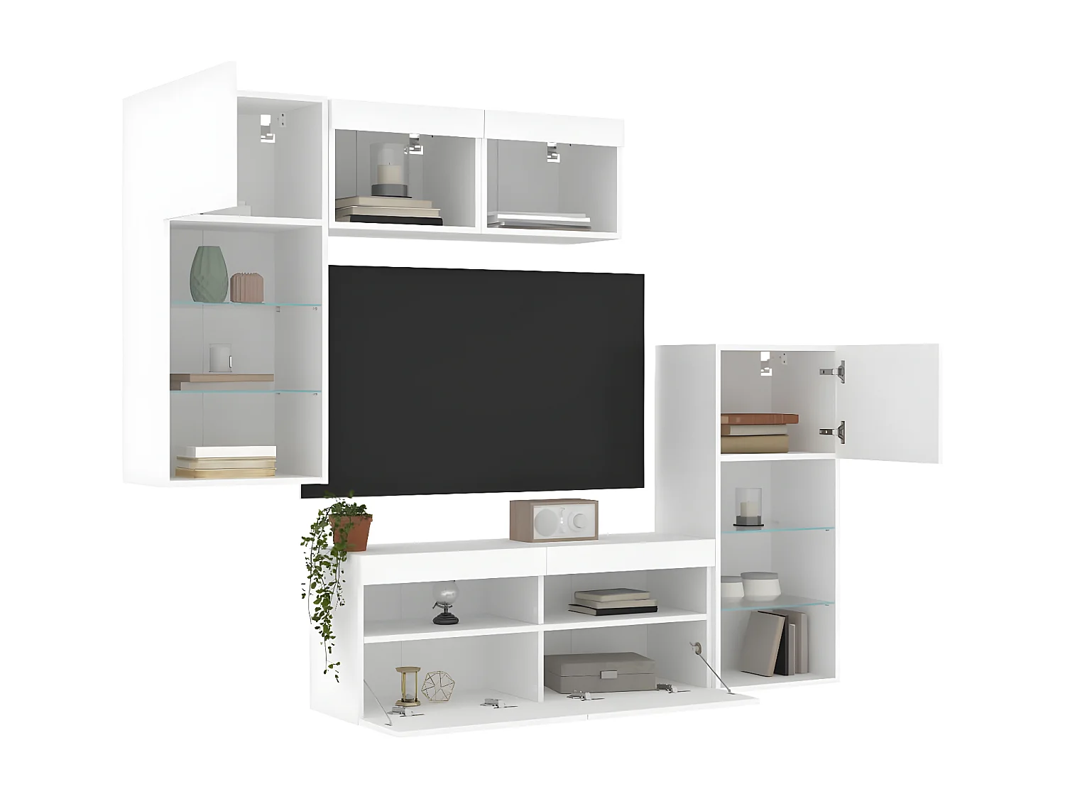 5pcs móveis de parede p/ TV c/ LEDs derivados de madeira branco PT934661