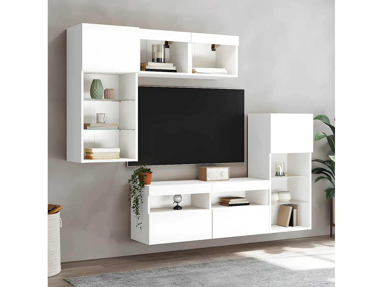 5pcs móveis de parede p/ TV c/ LEDs derivados de madeira branco PT934661