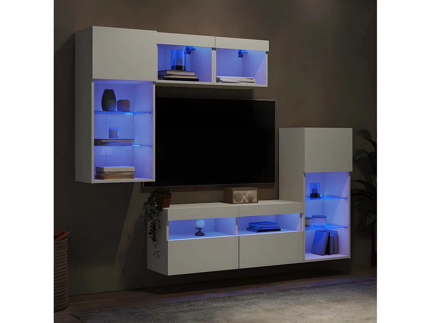 5pcs móveis de parede p/ TV c/ LEDs derivados de madeira branco PT934661