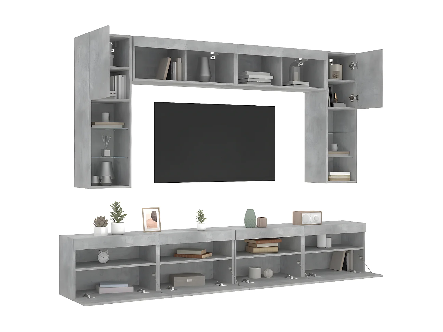 8-delige Tv-wandmeubelset met LED-verlichting betongrijs NL986105