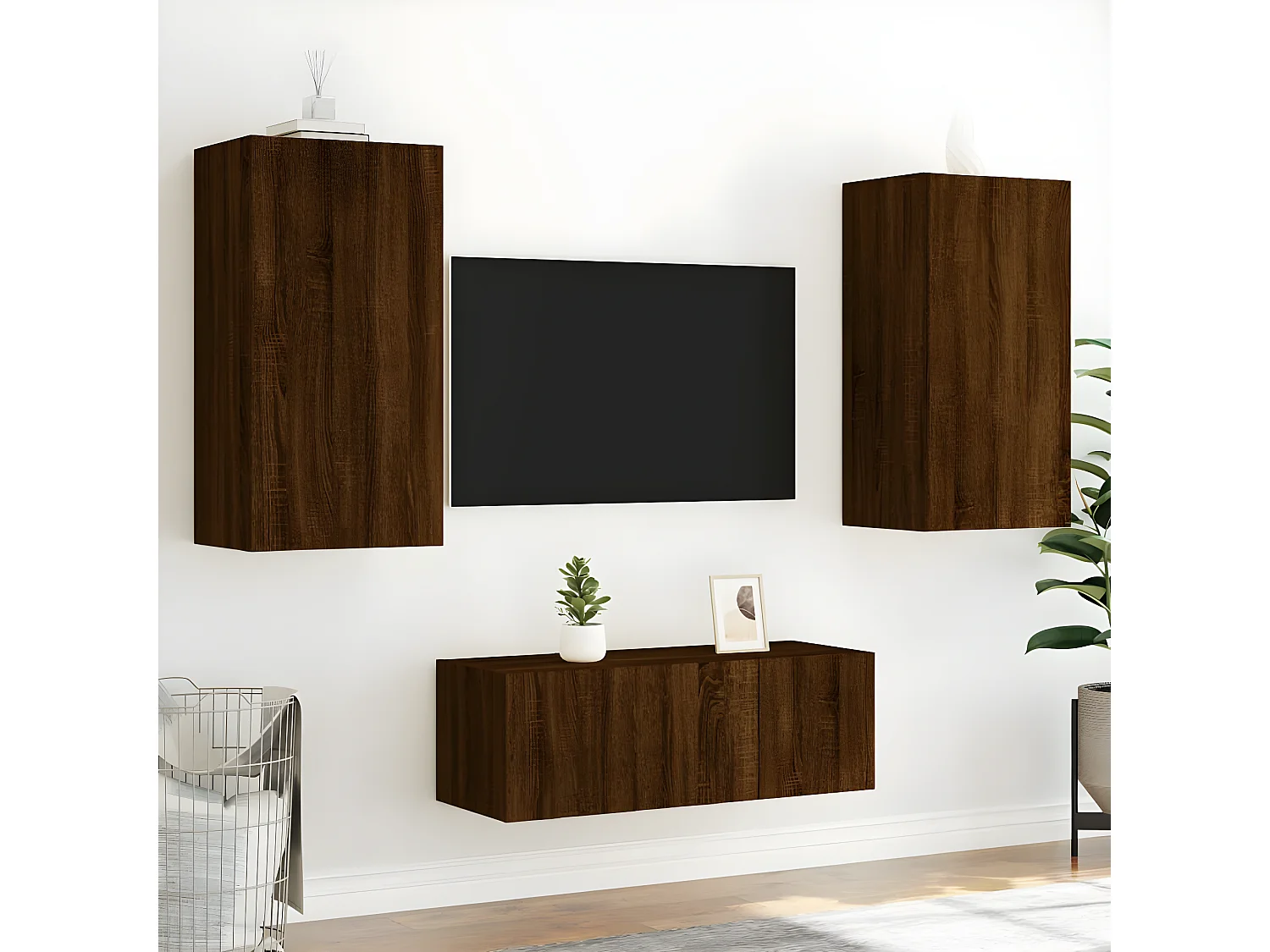 Muebles TV pared con LED 4 pzas madera ingeniería marrón roble ES27517