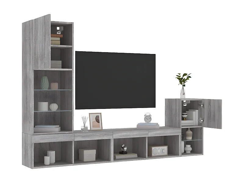 4-delige Tv-wandmeubelset met LED bewerkt hout grijs sonoma NL301388
