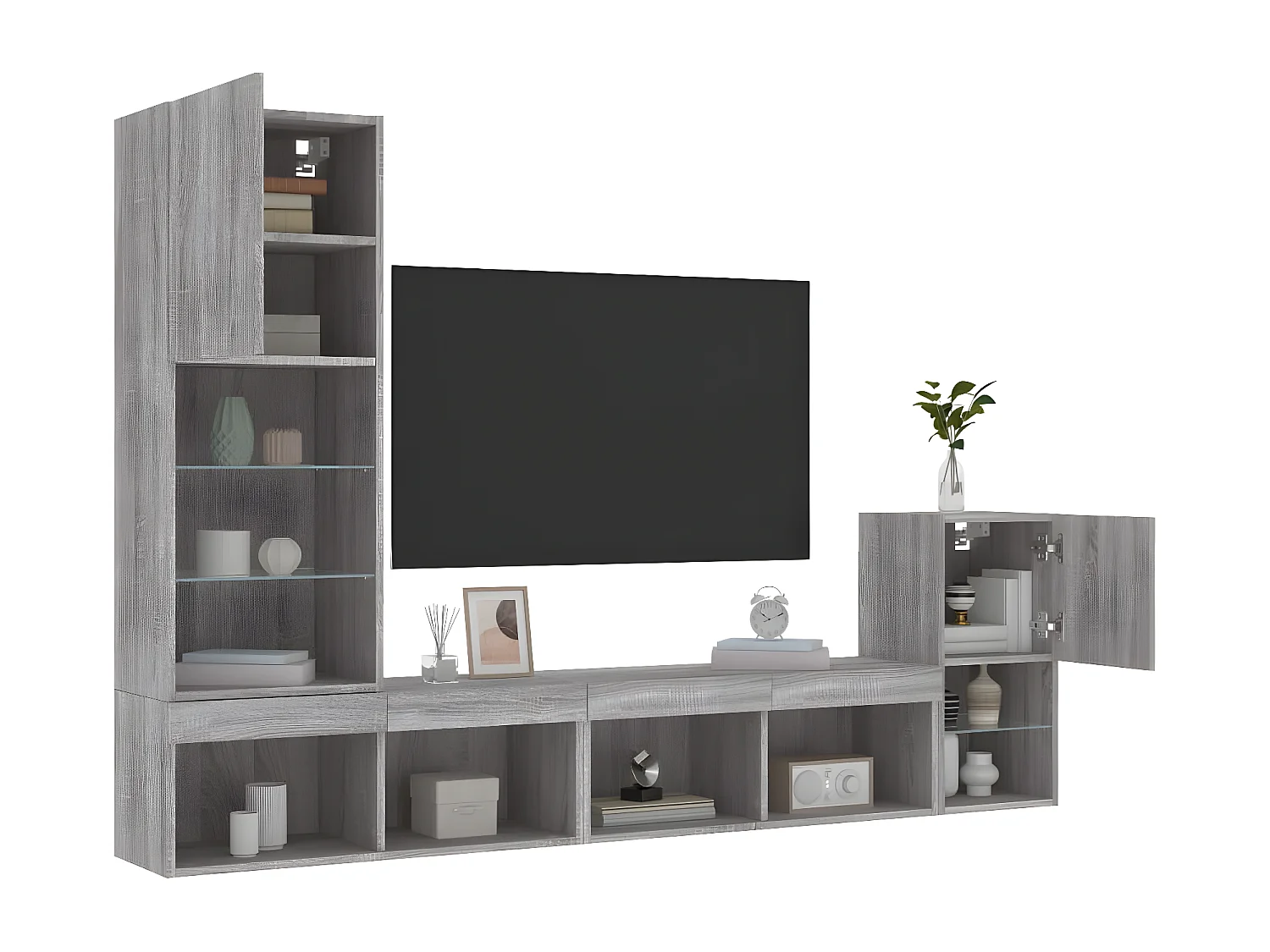 4-delige Tv-wandmeubelset met LED bewerkt hout grijs sonoma NL301388