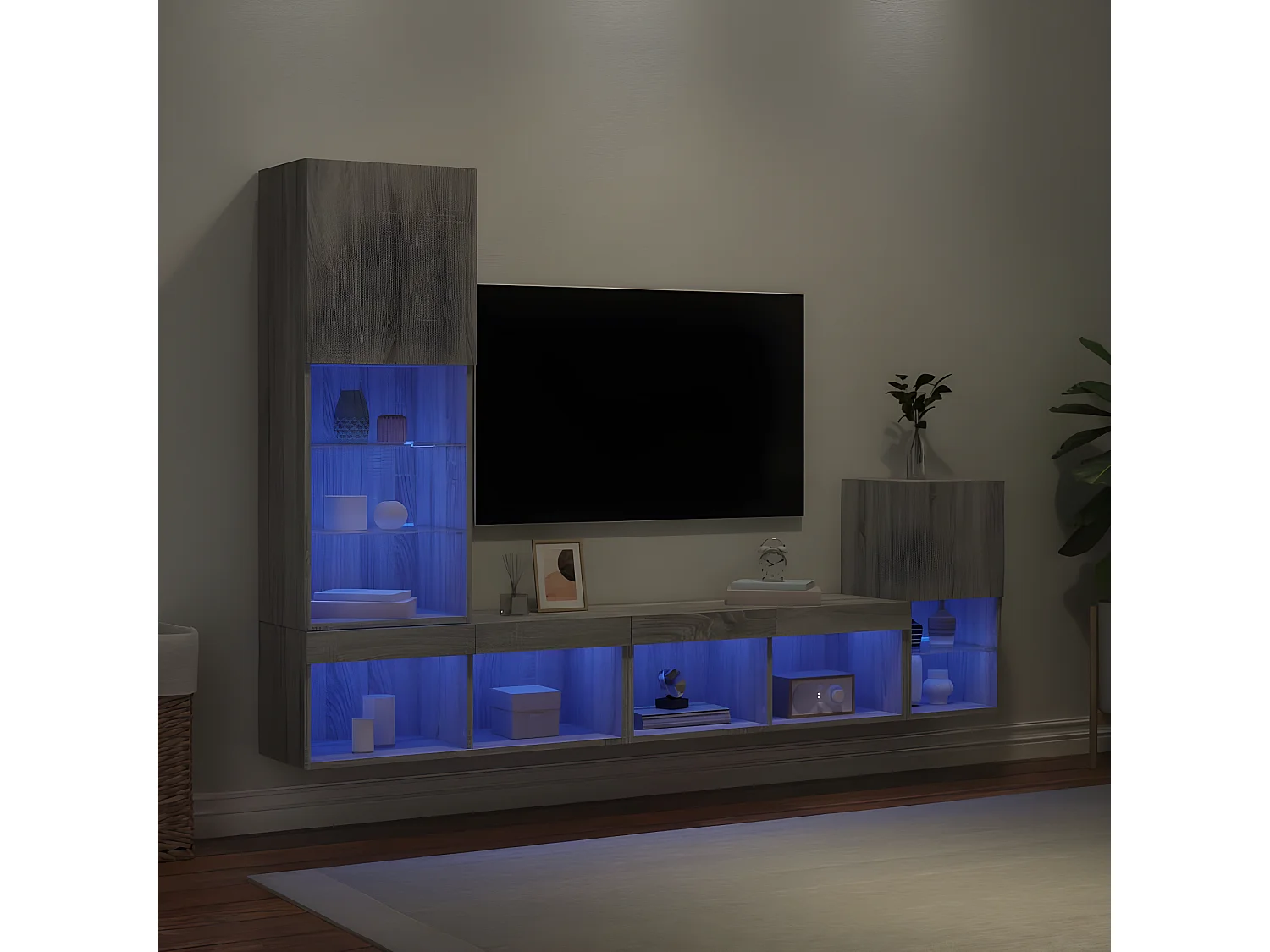 4-delige Tv-wandmeubelset met LED bewerkt hout grijs sonoma NL301388