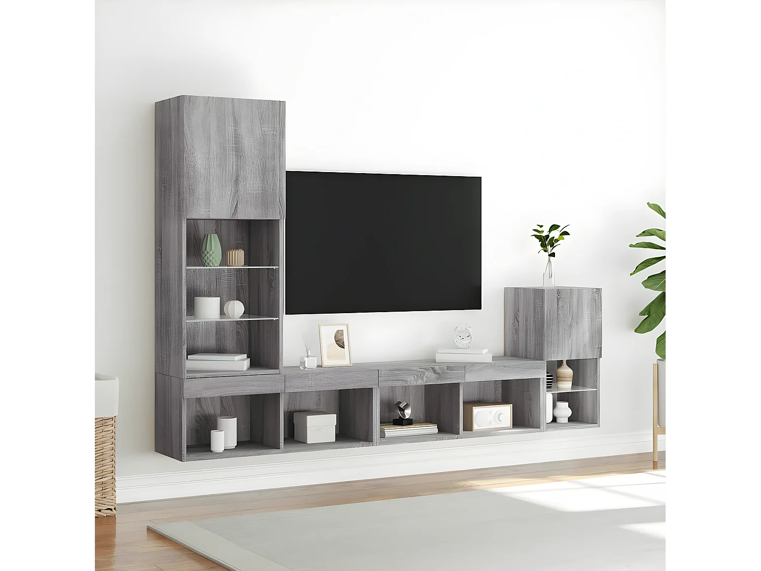 4-delige Tv-wandmeubelset met LED bewerkt hout grijs sonoma NL301388