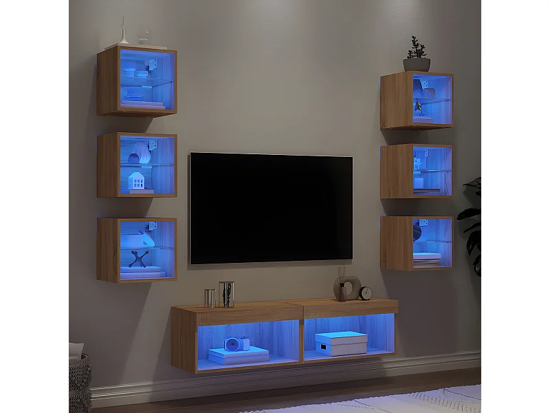 Muebles TV pared con LED 8 pzas madera ingeniería roble Sonoma ES27437
