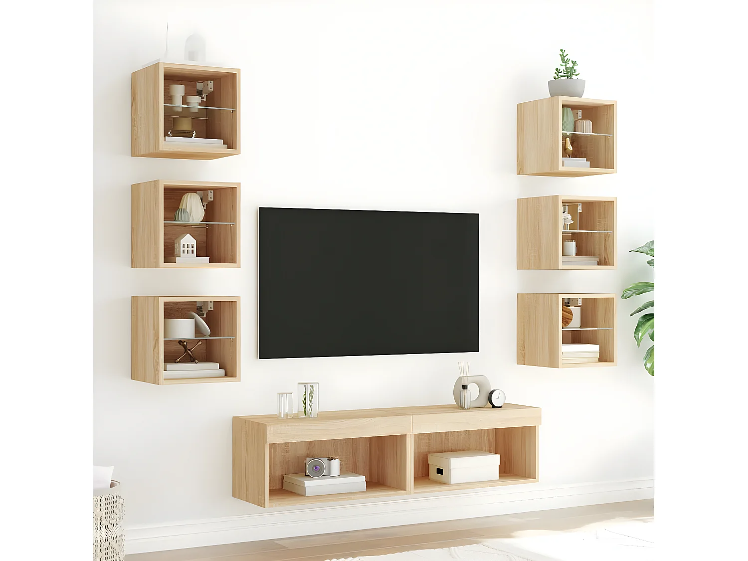 Muebles TV pared con LED 8 pzas madera ingeniería roble Sonoma ES27437