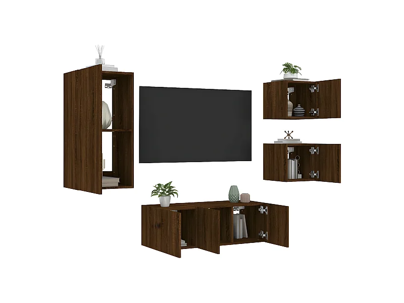 5-delige Tv-wandmeubelset met LED bewerkt hout bruineikenkleur NL39631