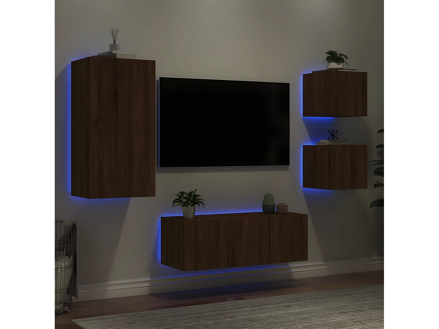 5-delige Tv-wandmeubelset met LED bewerkt hout bruineikenkleur NL39631