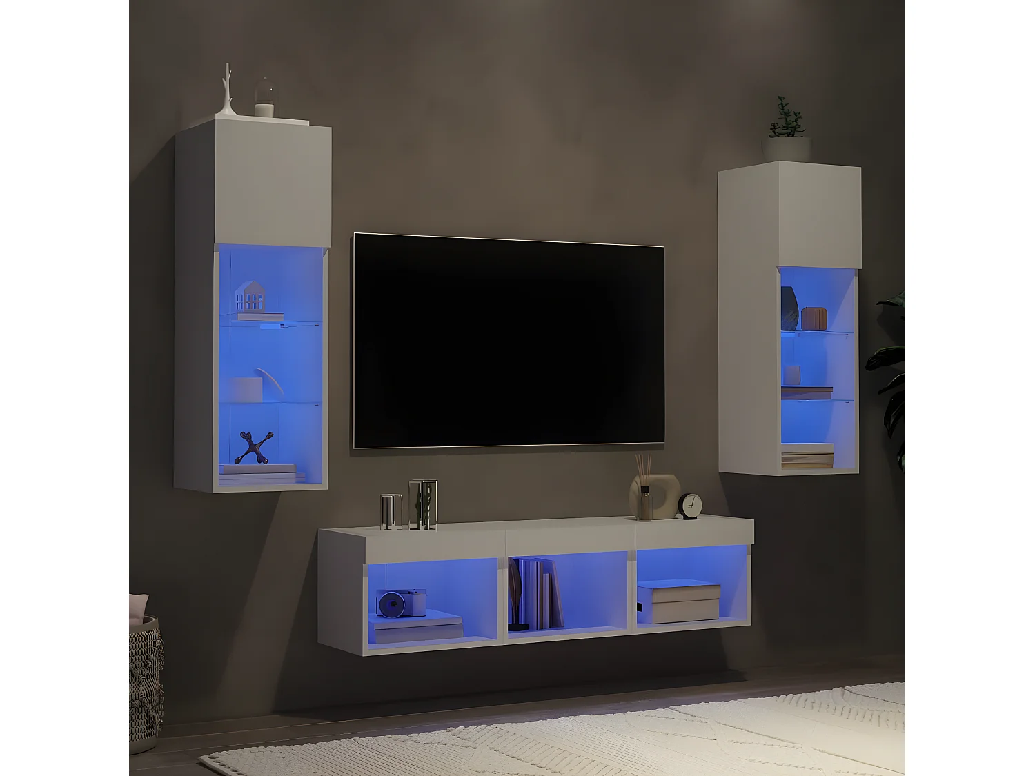 5pcs móveis de parede p/ TV c/ LEDs derivados de madeira branco PT328587