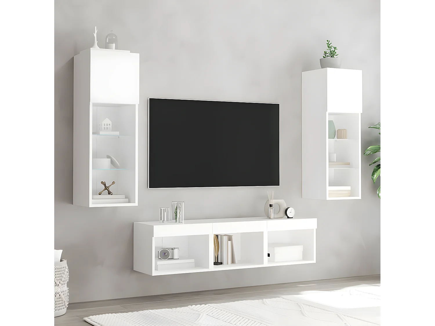 5pcs móveis de parede p/ TV c/ LEDs derivados de madeira branco PT328587