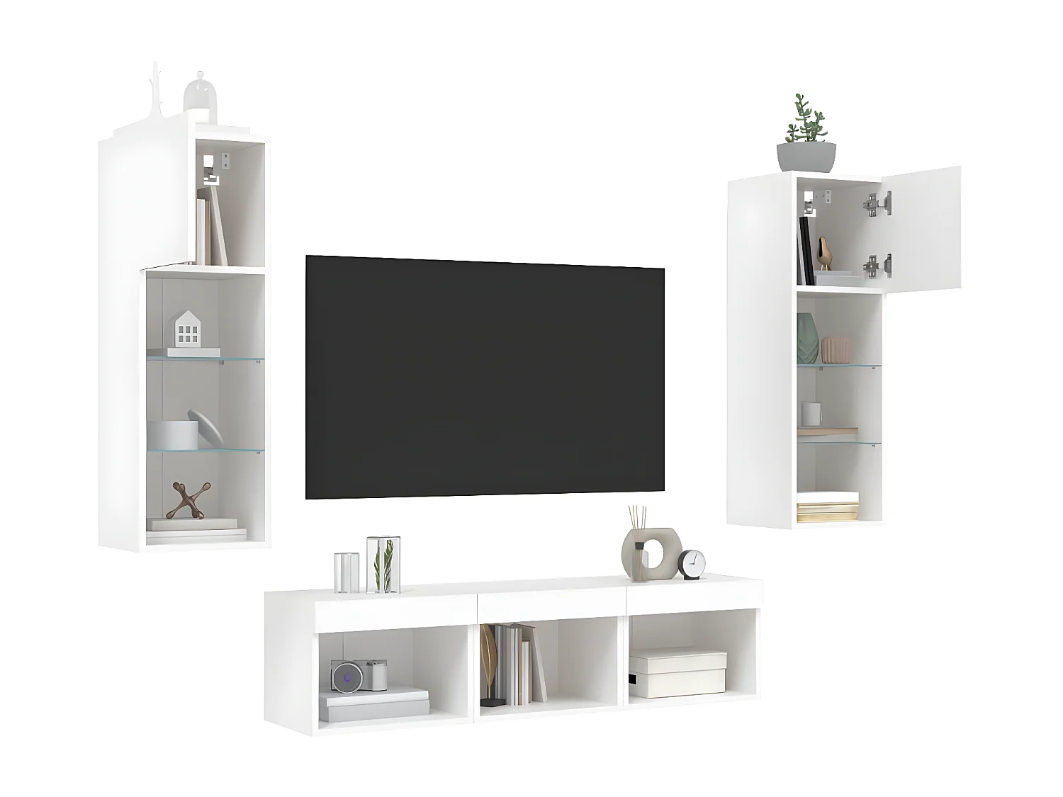 5pcs móveis de parede p/ TV c/ LEDs derivados de madeira branco PT328587