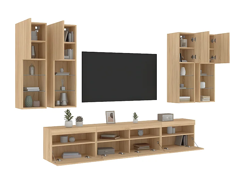 7 pcs conj. móveis de parede p/ TV c/ luzes LED carvalho sonoma PT421349