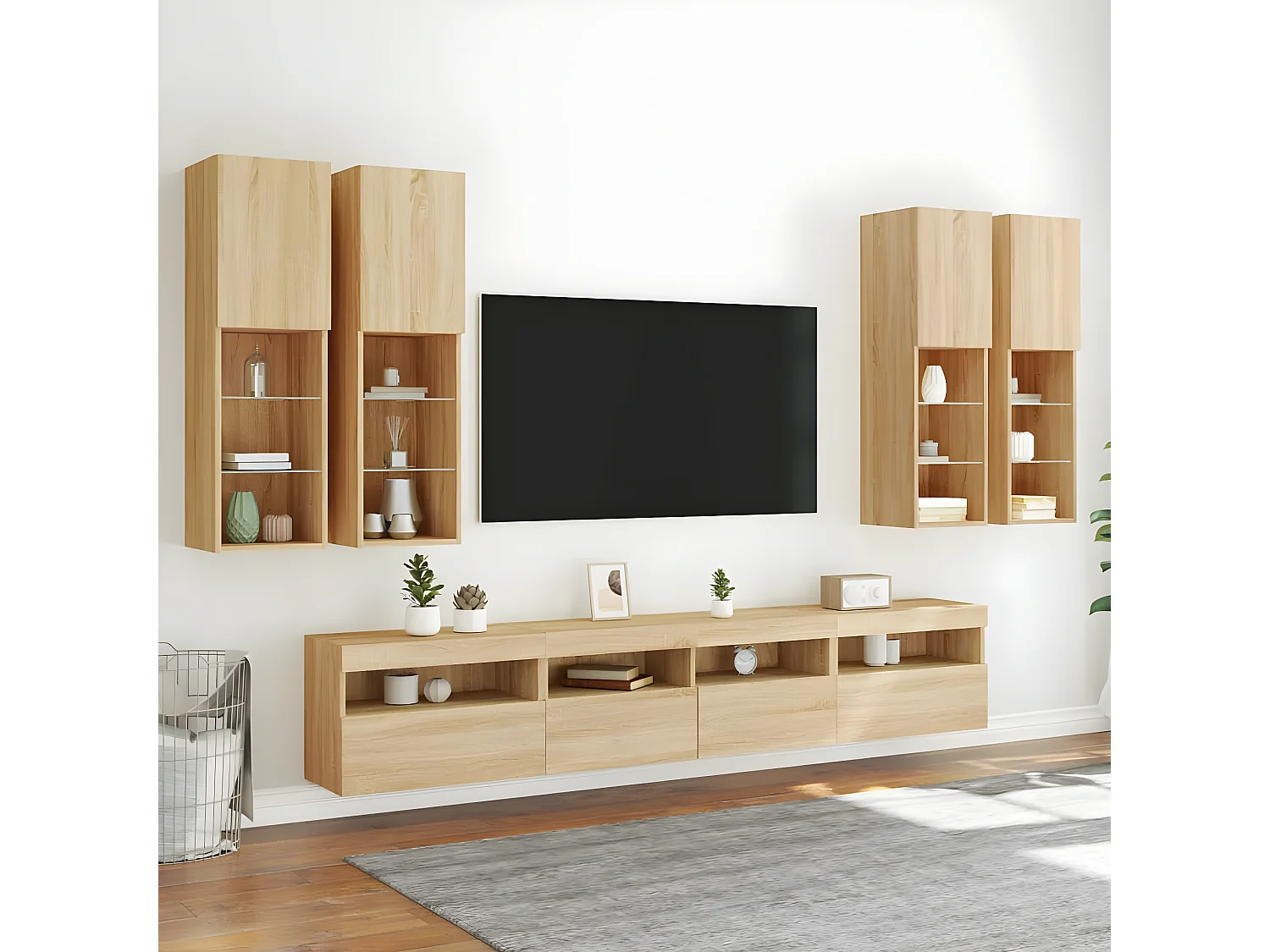 Ensemble de meubles TV muraux 7pcs et lumières LED chêne sonoma WET4955