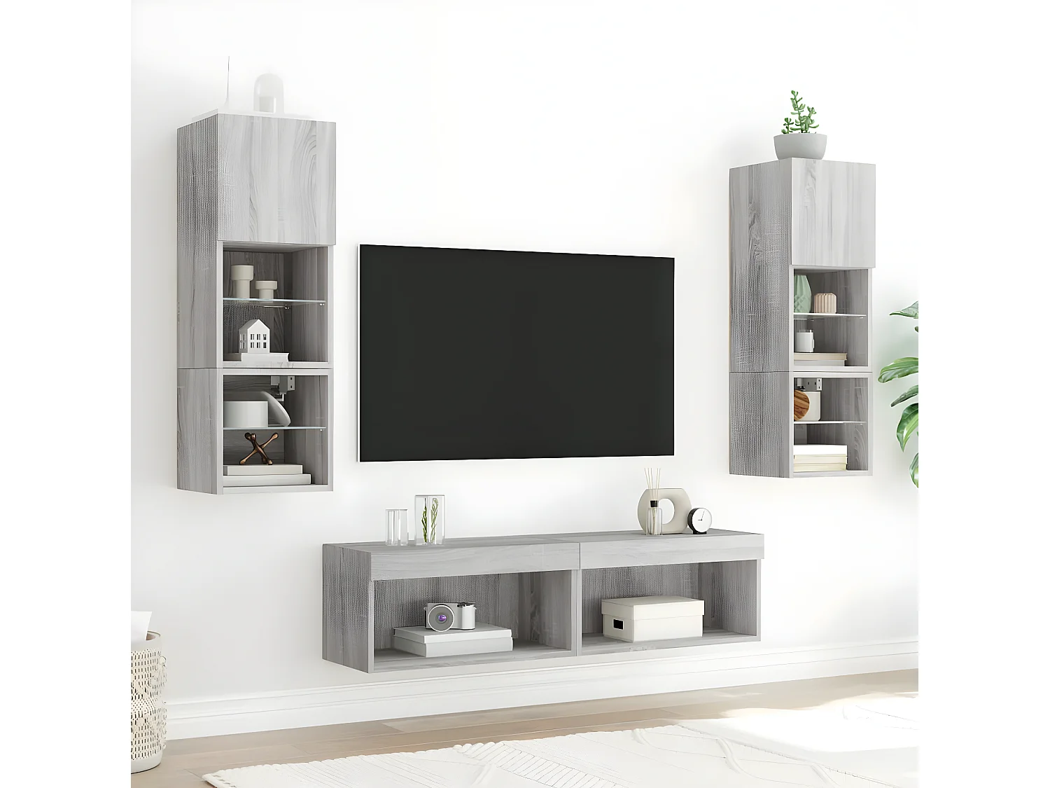 6 pcs móveis parede p/ TV c/ LEDs deriv. madeira cinza sonoma PT742344