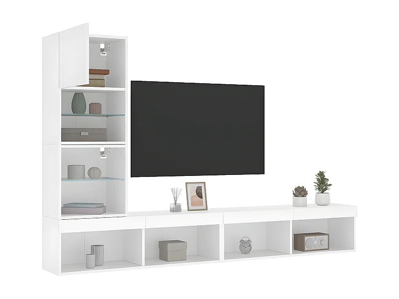 4pcs móveis de parede p/ TV c/ LEDs derivados de madeira branco PT234471