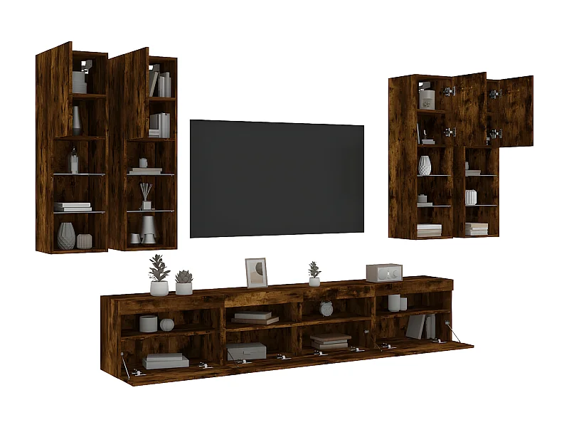7-delige Tv-wandmeubelset met LED-verlichting gerookt eiken NL97910