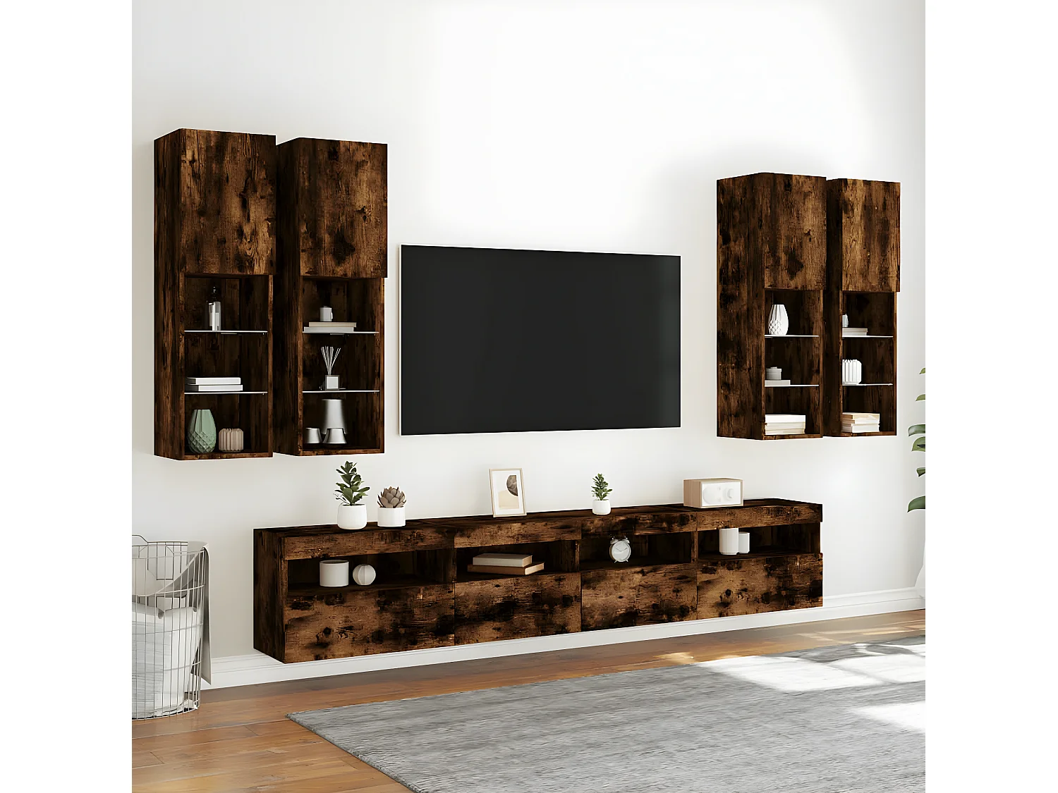 7-delige Tv-wandmeubelset met LED-verlichting gerookt eiken NL97910