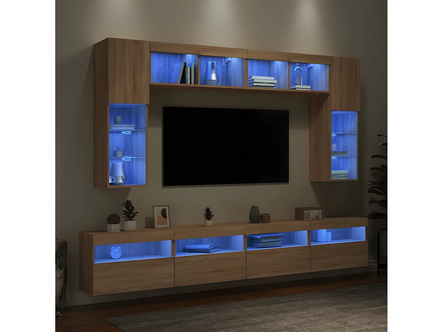 8 pcs conj. móveis de parede p/ TV c/ luzes LED carvalho sonoma PT293667
