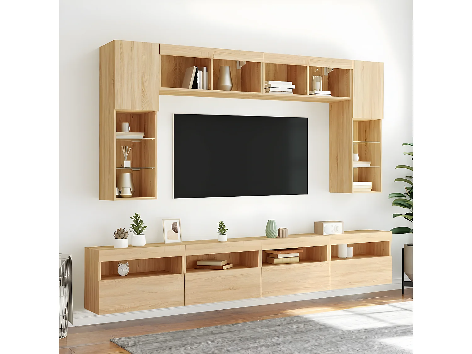 8 pcs conj. móveis de parede p/ TV c/ luzes LED carvalho sonoma PT293667