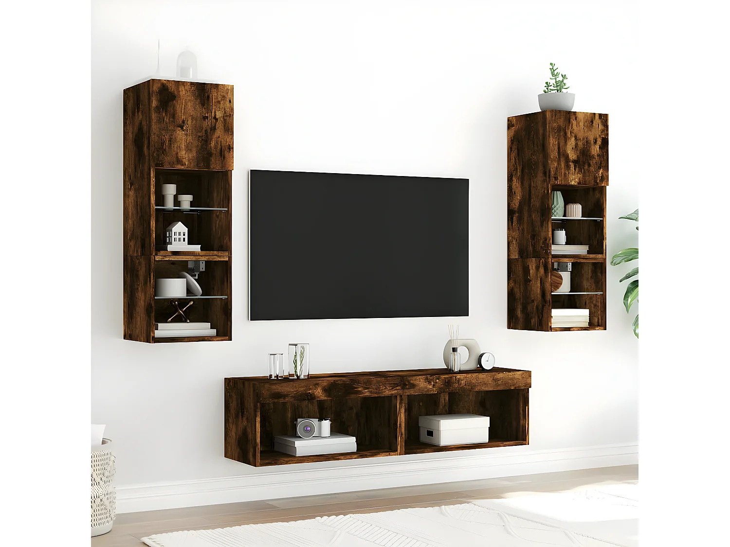 Muebles TV pared con LED 6 pzas madera ingeniería roble ahumado ES83152