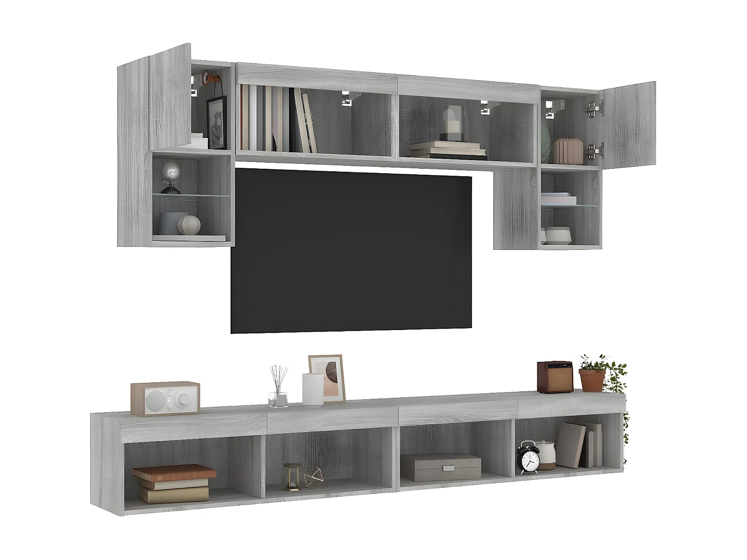 6 pcs móveis parede p/ TV c/ LEDs deriv. madeira cinza sonoma PT761515