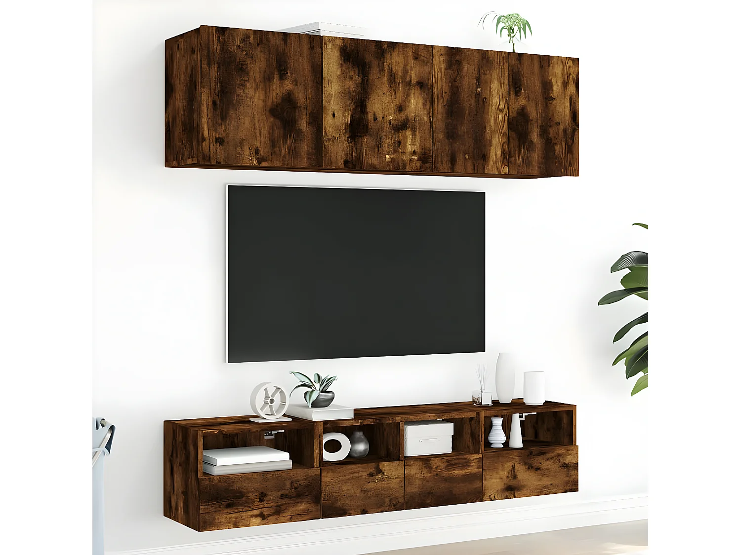 5 pcs móveis de parede p/ TV derivados madeira carvalho fumado PT987356