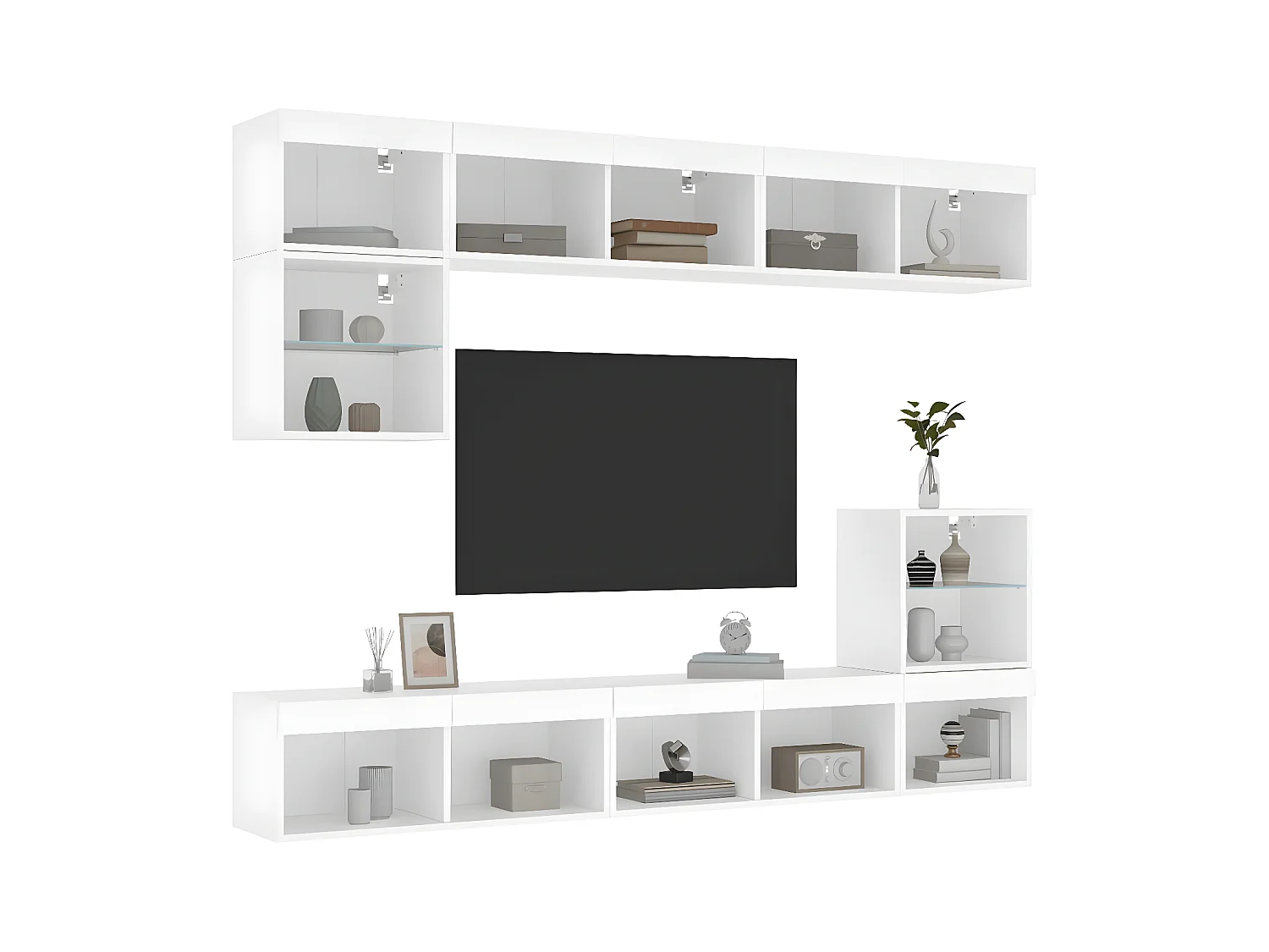 8-delige Tv-wandmeubelset met LED-verlichting bewerkt hout wit NL180359