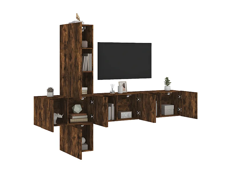5-delige Tv-wandmeubelset bewerkt hout gerookt eikenkleurig NL88584