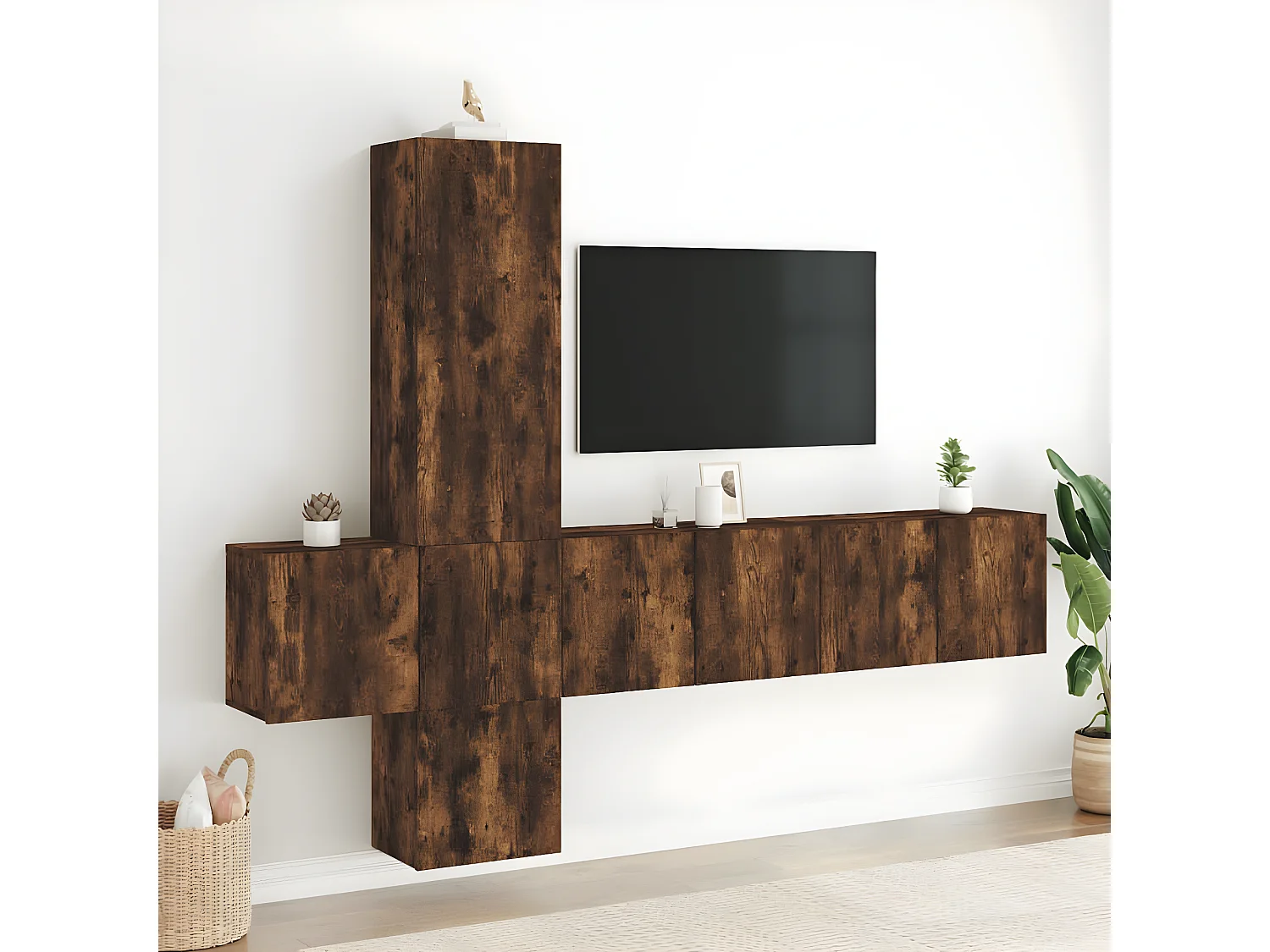 Muebles TV de pared 5 pzas madera ingeniería roble ahumado ES51048