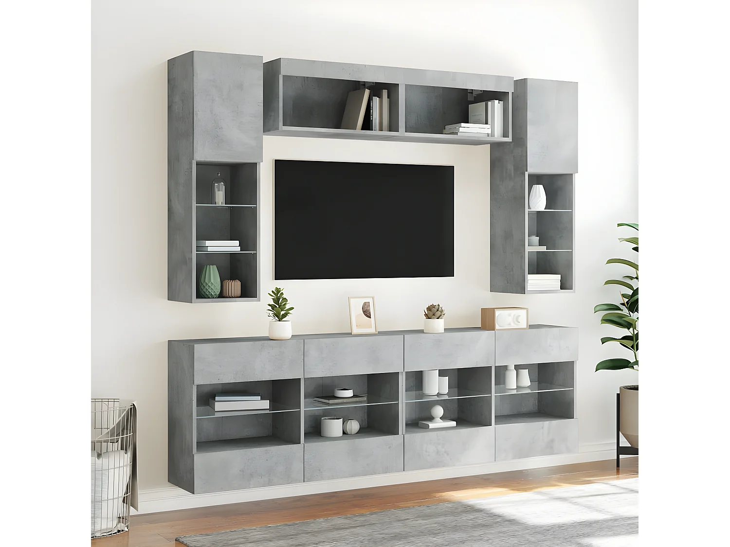 Muebles TV de pared con luces LED 6 piezas gris hormigón ES38211