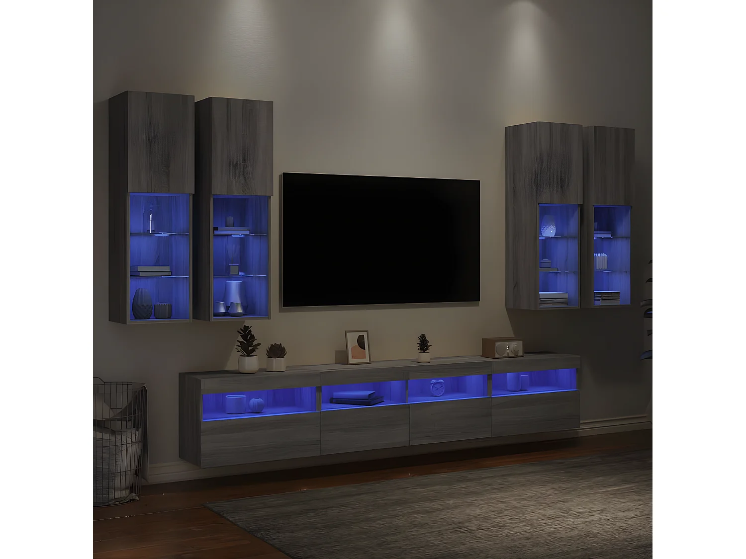 Muebles TV de pared con luces LED 7 piezas gris sonoma ES32260