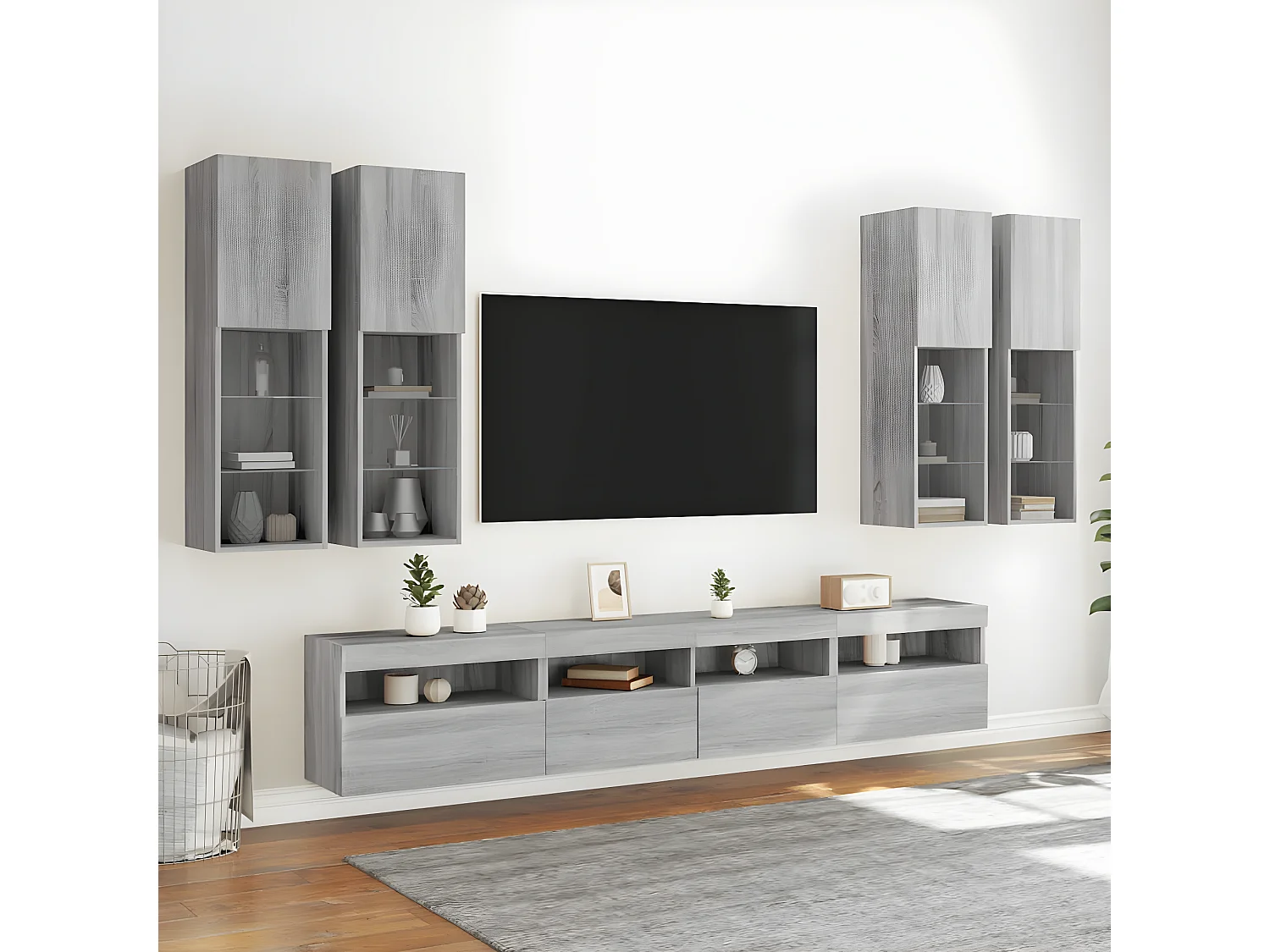 Muebles TV de pared con luces LED 7 piezas gris sonoma ES32260