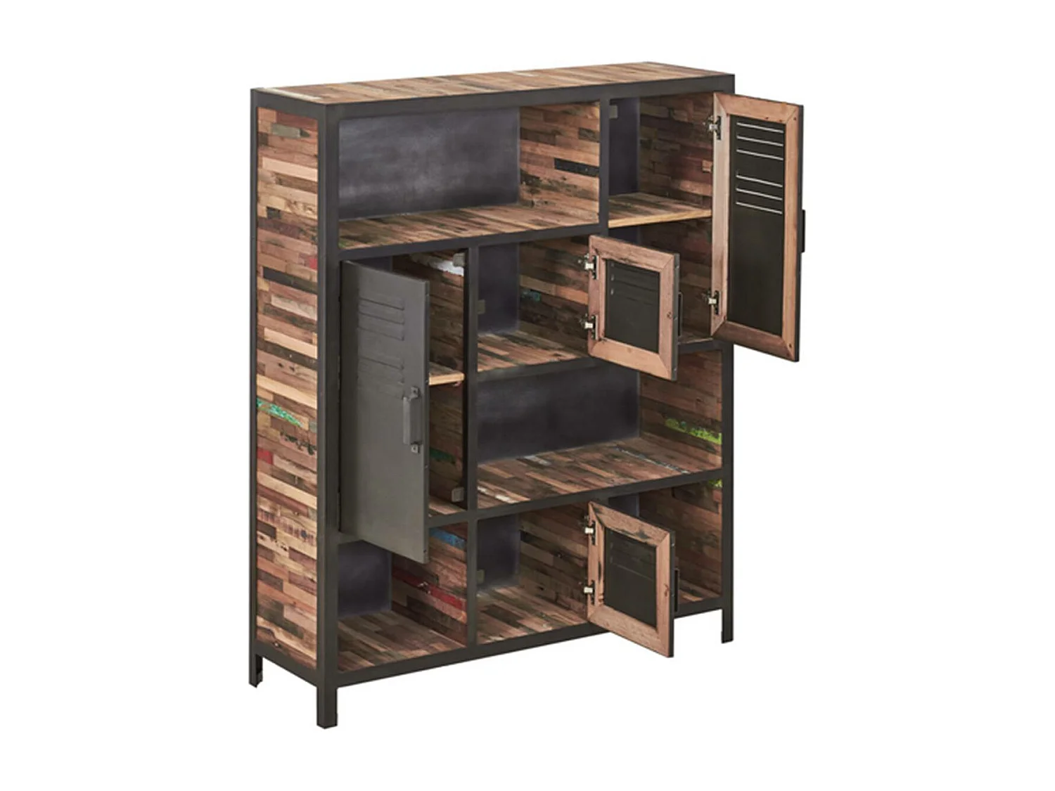 Factory bibliothèque en bois de bateau recyclé - 4 Portes - 4 Tiroirs - Portes en métal noir - Style Industriel