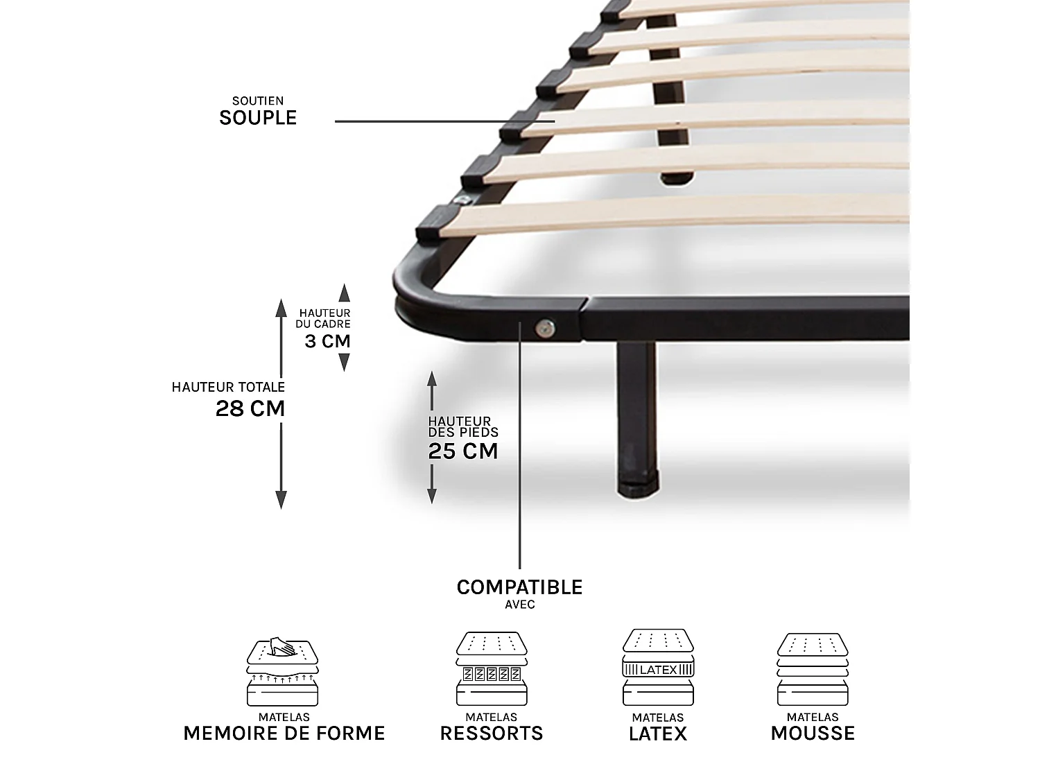 Ensemble Venus 90x190 cm Matelas Mousse + Sommier Métal - Blanc