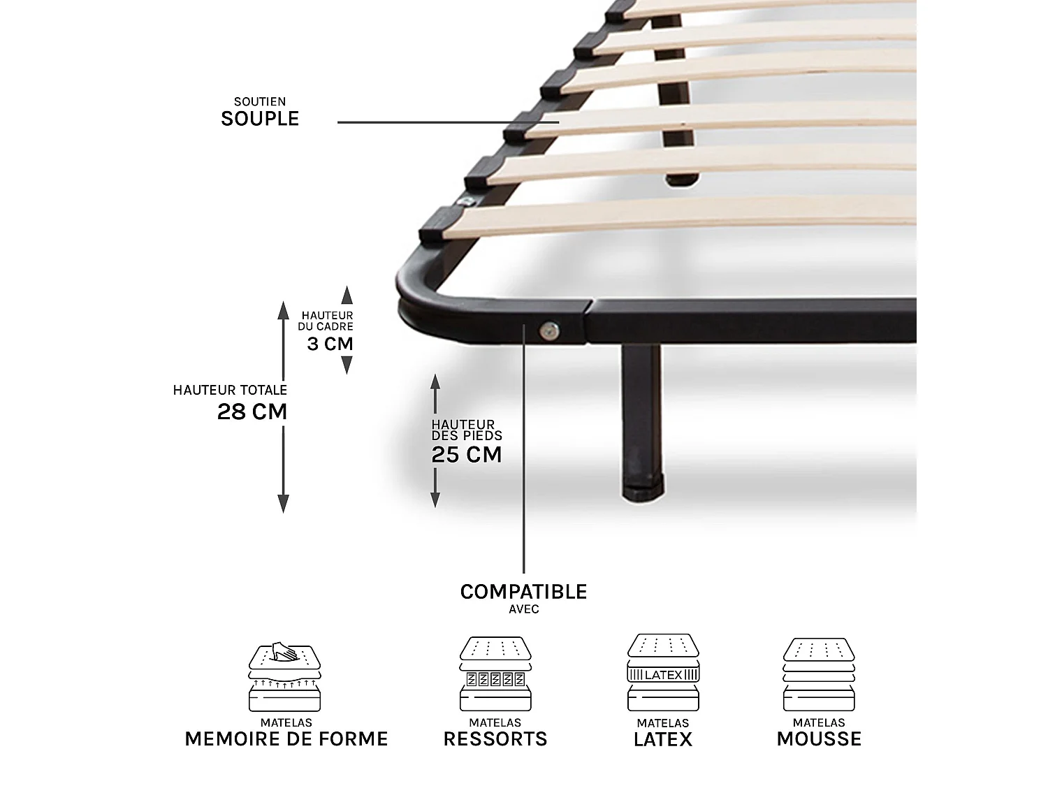 Ensemble Matelas Mousse VENUS avec Cadre à lattes