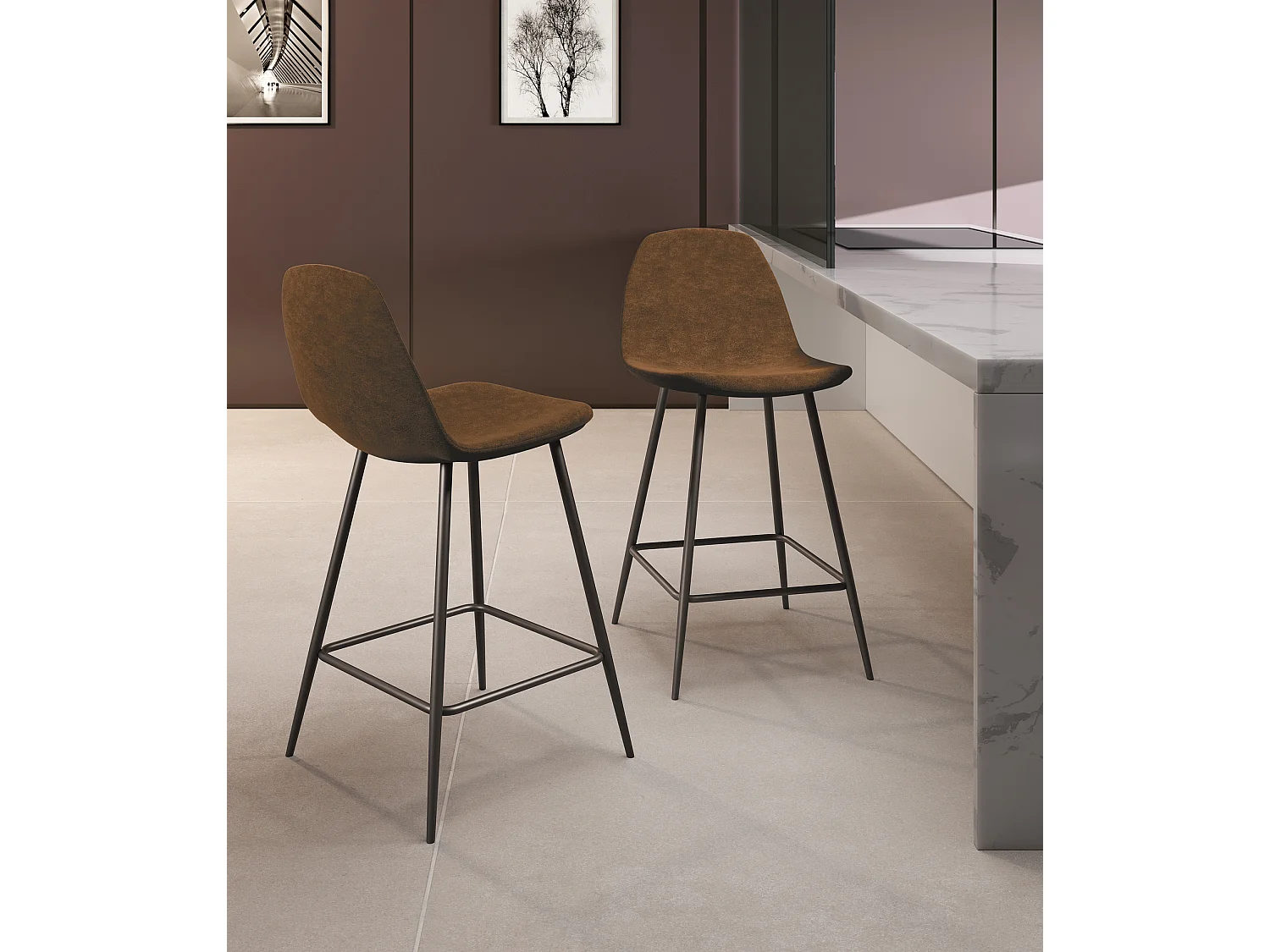 Brigitte - Kruk van bruin eco-leer - Set van 2 stuks