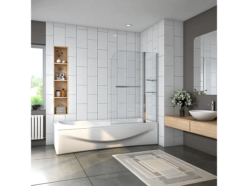 Mampara de bañera abatible-cristal templado 6 mm con 2 repisas y un toallero-(995-1000)x1400mm