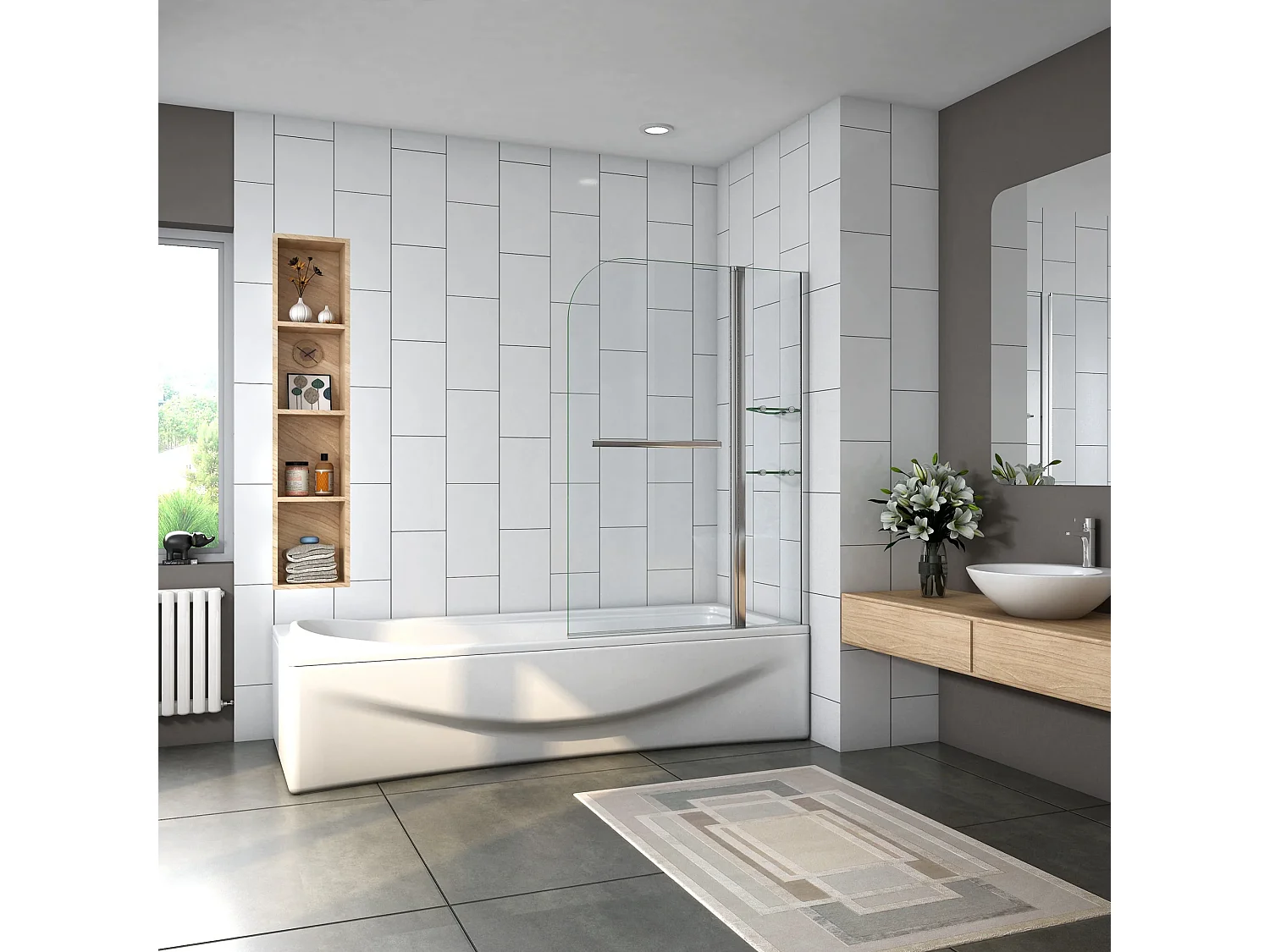 Mampara de bañera abatible-cristal templado 6 mm con 2 repisas y un toallero-(995-1000)x1400mm