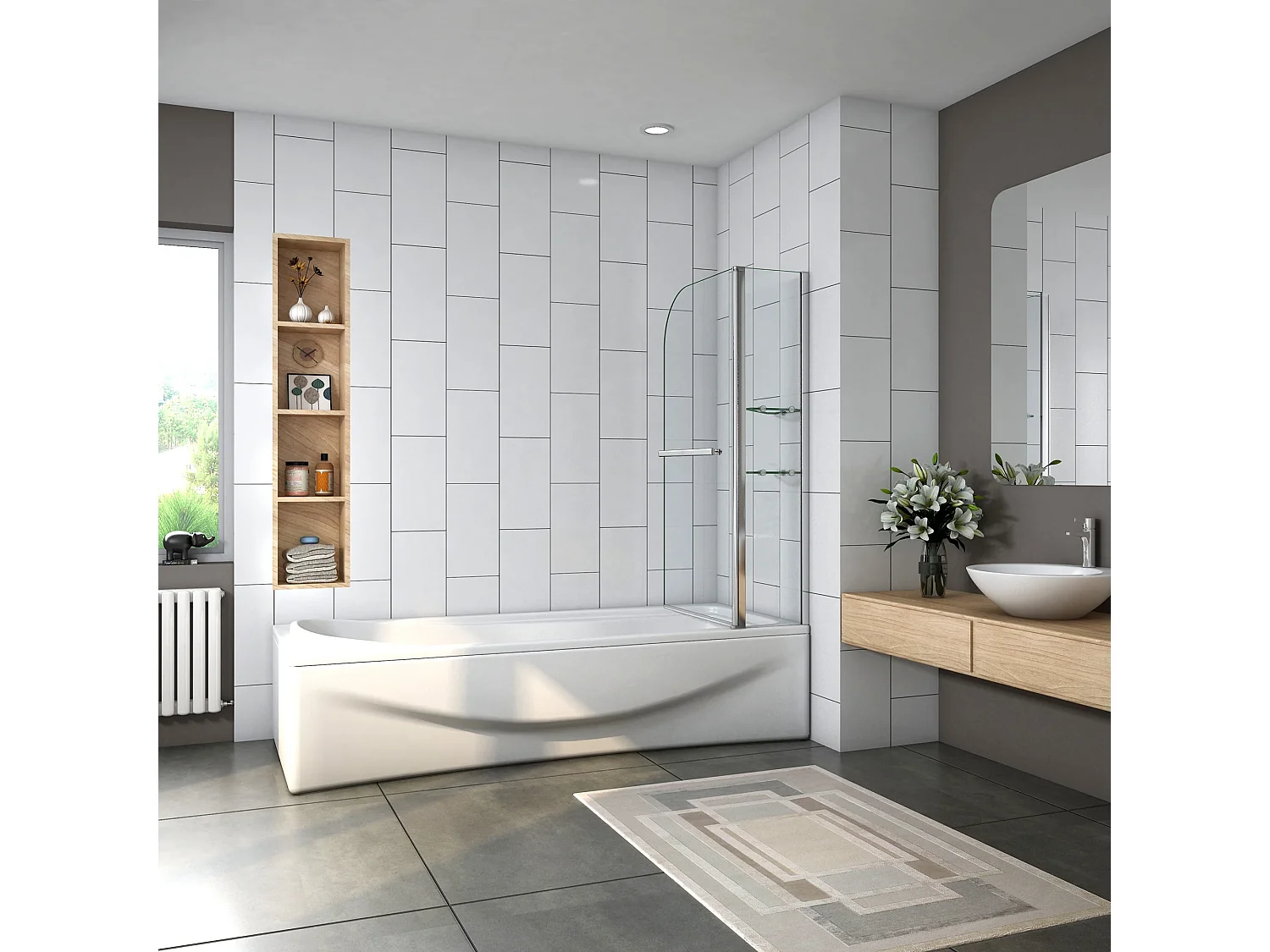 Mampara de bañera abatible-cristal templado 6 mm con 2 repisas y un toallero-(995-1000)x1400mm