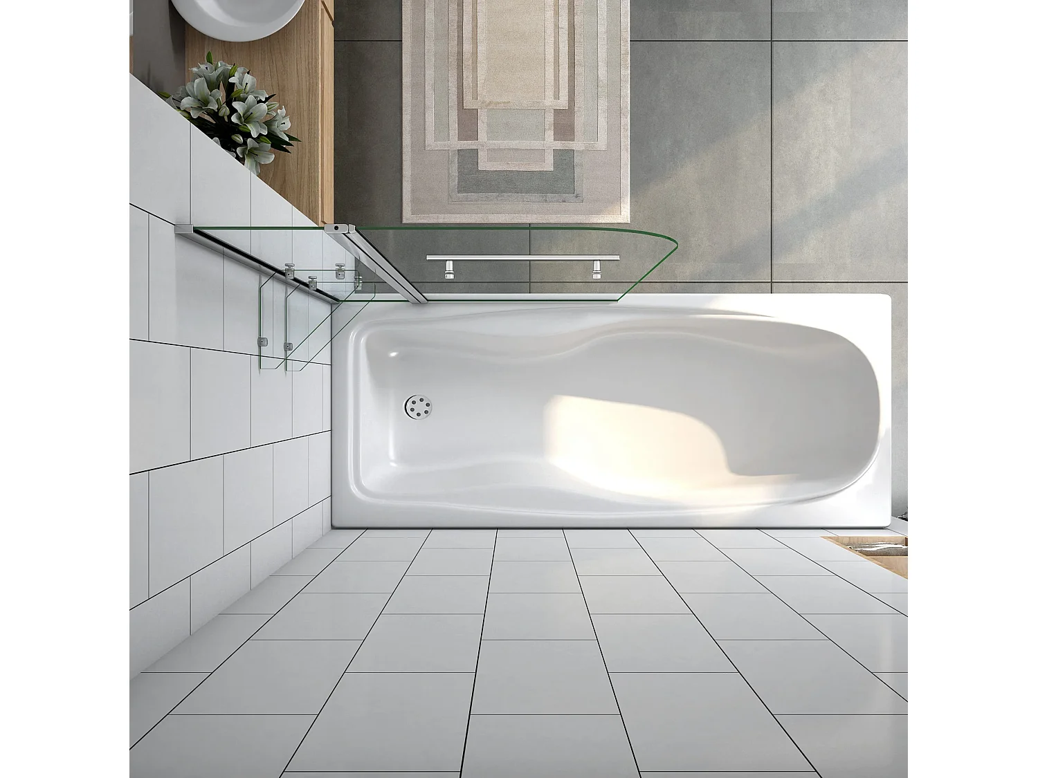 Painel de Banheira Dobrável Vidro Temperado 6 mm com 2 Prateleiras e Toalheiro Tamanho: (995-1000)x1400mm