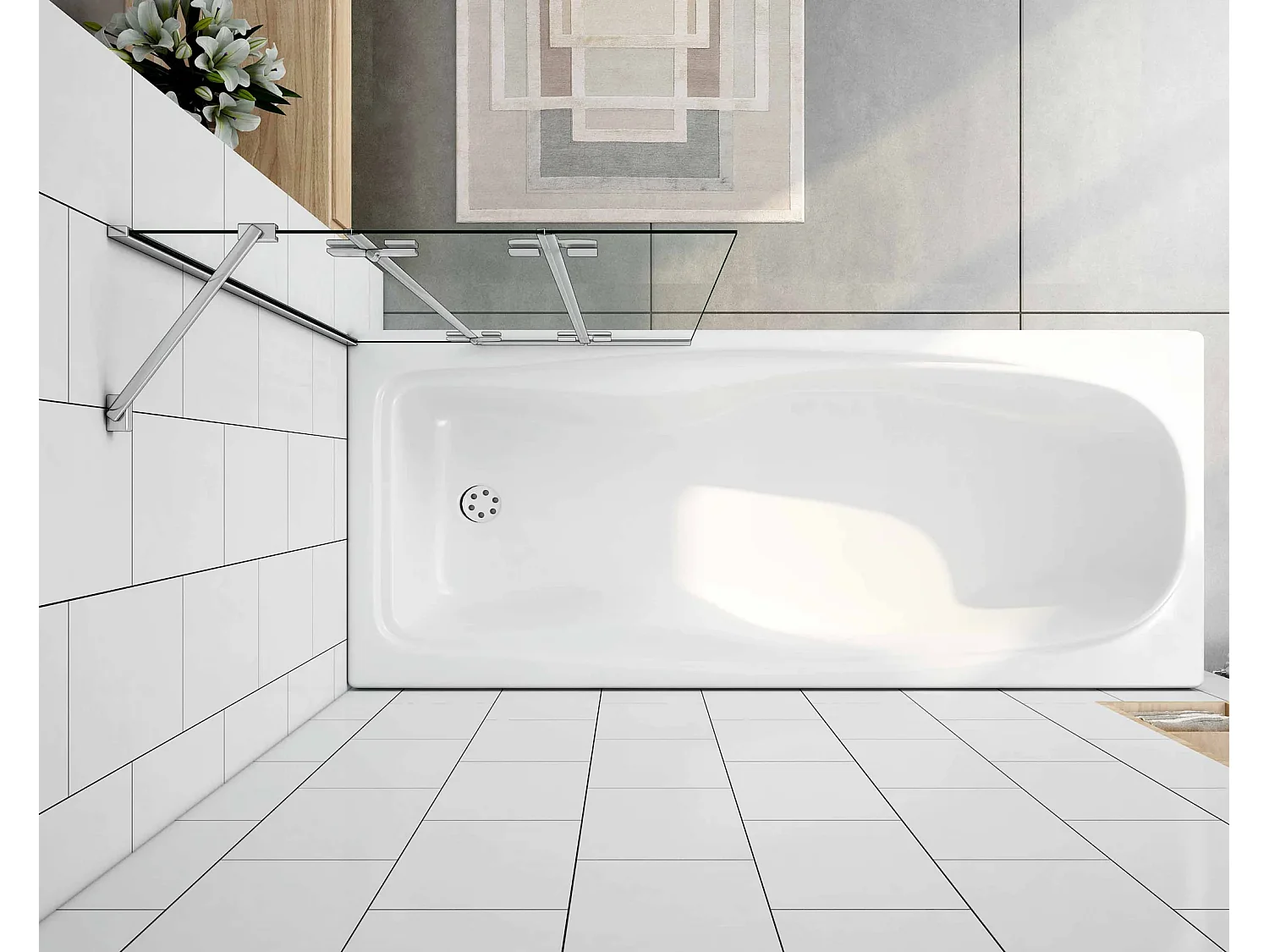 Mampara de bañera plegable-vidrio templado 6mm-(980-1000)x1400mm+barra soporte 350mm