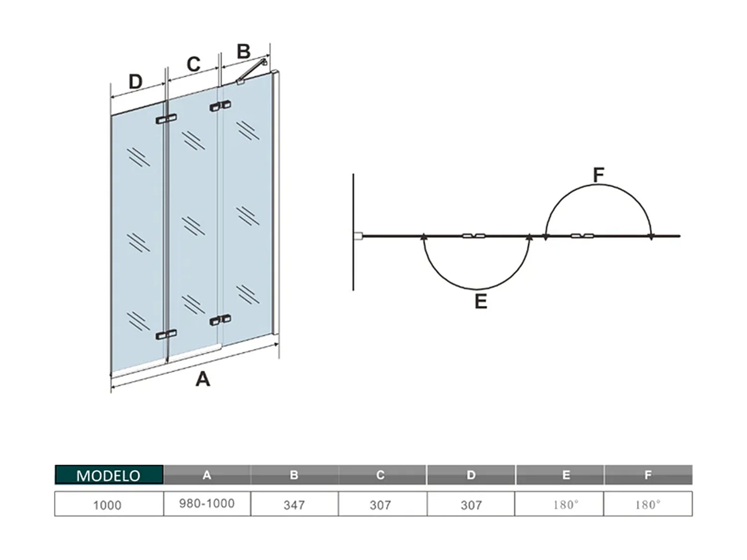 Mampara de bañera plegable-vidrio templado 6mm-(980-1000)x1400mm+barra soporte 350mm