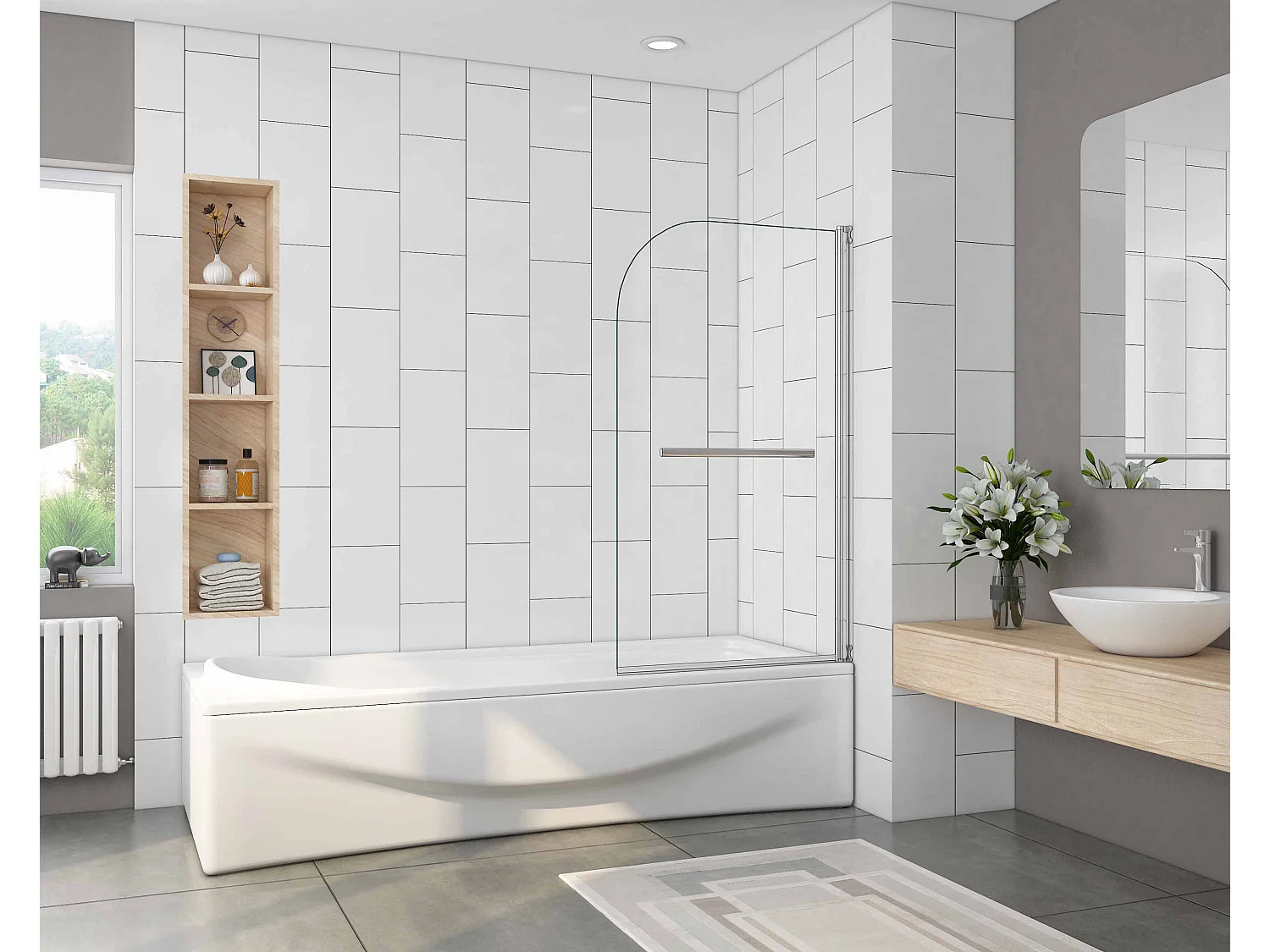 Simples Painel de Banheira Pivotante 1 Folha de Vidro Temperado 5mm com Toalheiro 400mm Tamanho:(695-700)x1300mm