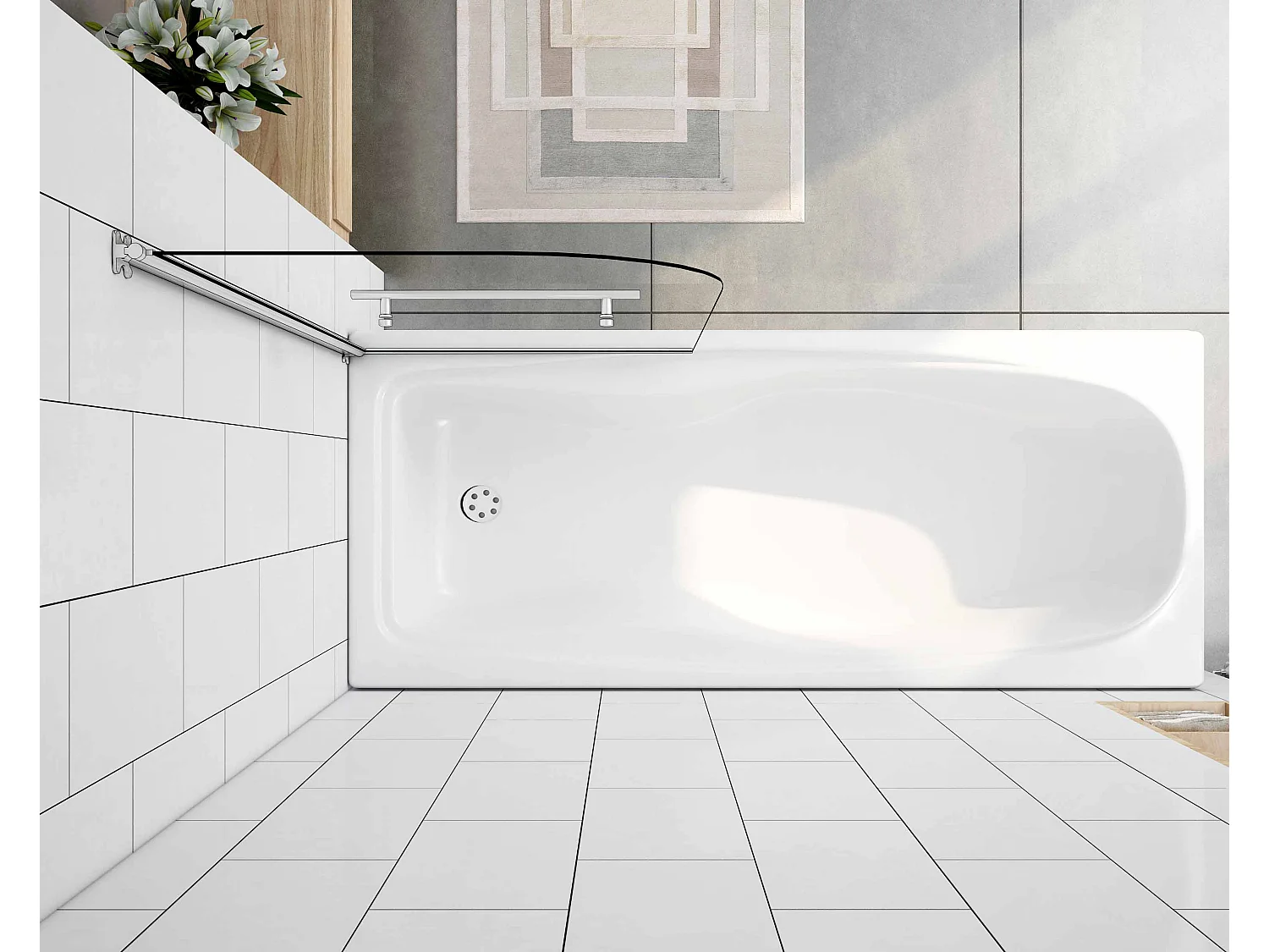 Simples Painel de Banheira Pivotante 1 Folha de Vidro Temperado 5mm com Toalheiro 400mm Tamanho:(695-700)x1300mm