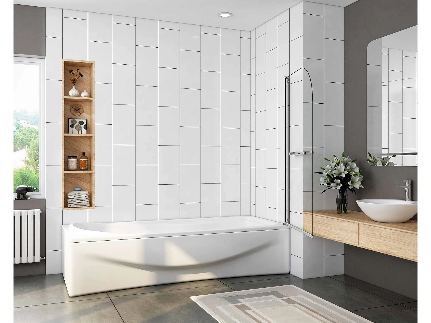 Simples Painel de Banheira Pivotante 1 Folha de Vidro Temperado 5mm com Toalheiro 400mm Tamanho:(695-700)x1300mm