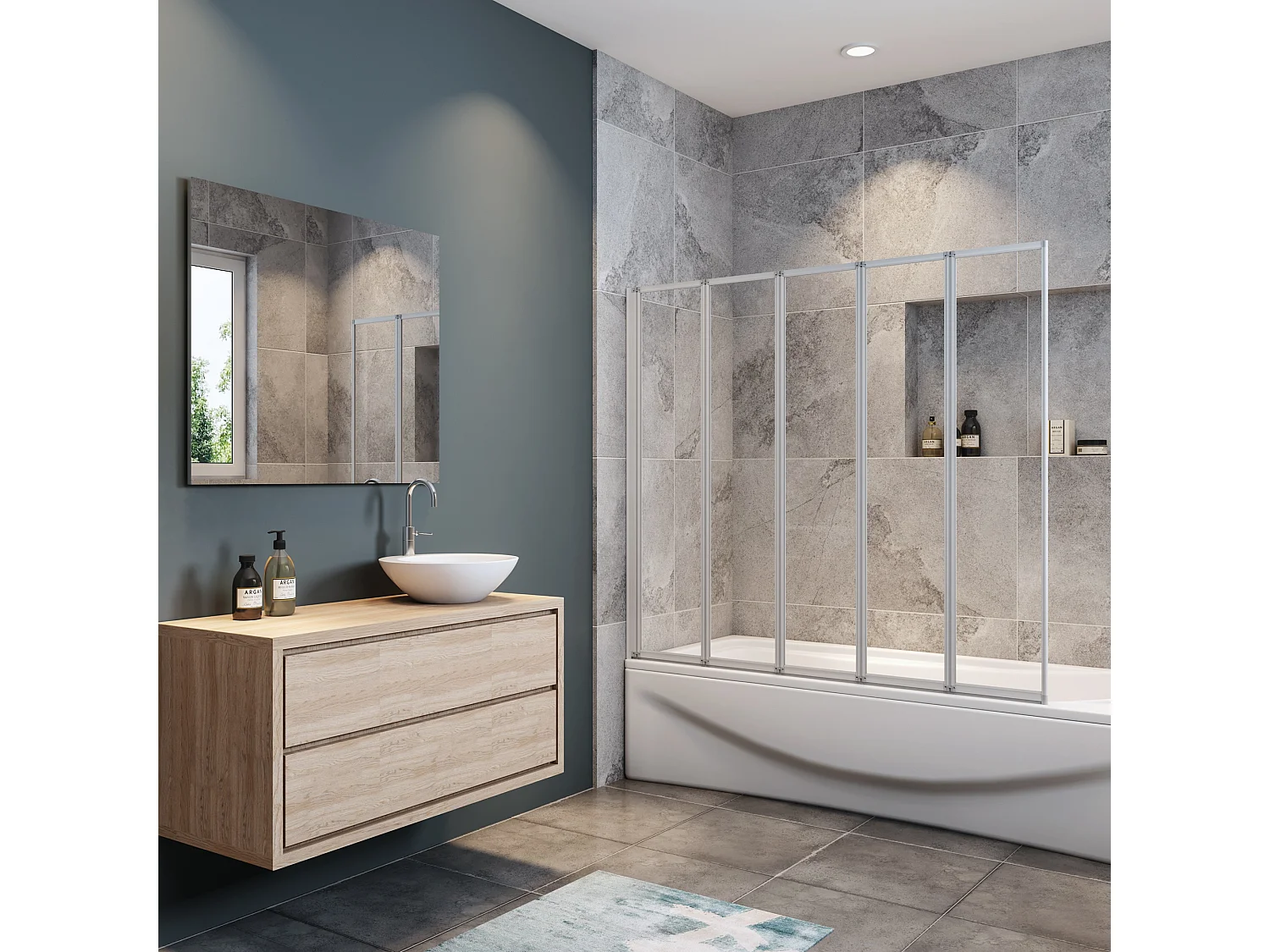 Mampara de bañera 5 hojas plegables-vidrio templado 4mm perfil gris mate-(1193-1203)x1400mm